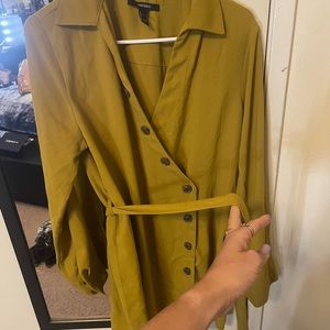 Greenish Yellow wrap dress with buttons.